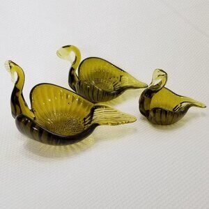 3 Murano Art Glass Swans Figurine candleholders green handblown vtg MCM Italy